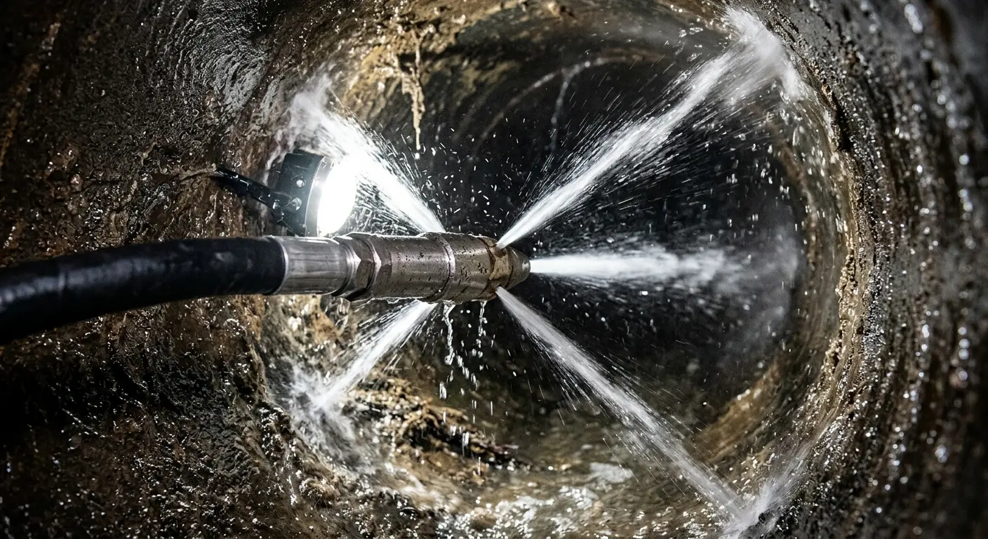 High-pressure hydro jetting nozzle cleaning sewer pipe for Trenchless Sewer Repair in Tunkhannock