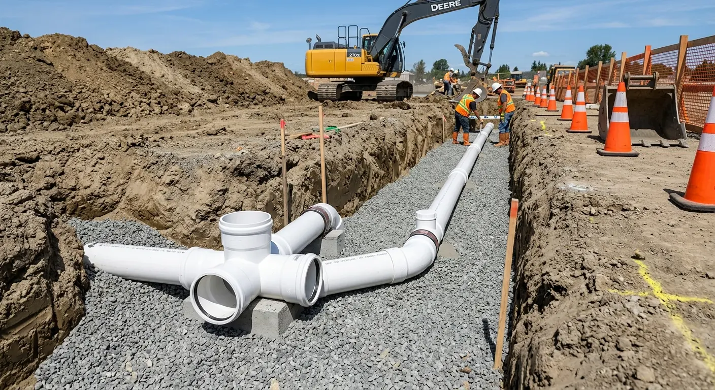 New PVC sewer pipe installation in open trench for Grease Trap Cleaning in Tunkhannock