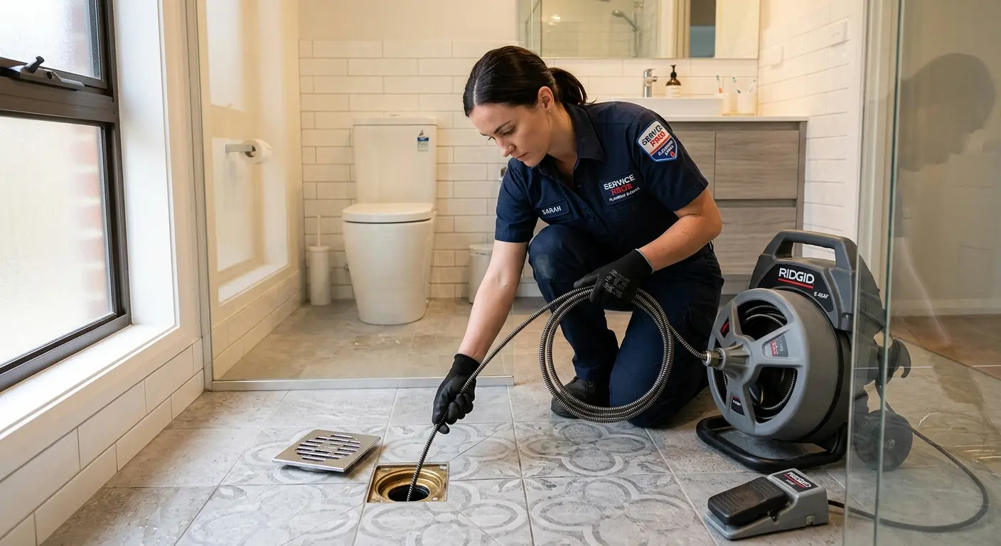 Technician clearing a bathroom floor drain for Drain Repair in Tunkhannock